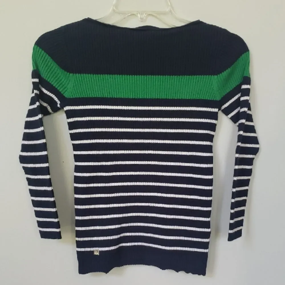 Ralph Lauren Sweater Girls M Striped Navy and Green Rib Knit Boat Neck Preppy